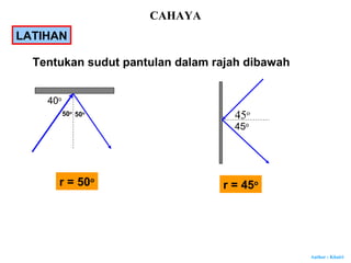 Author : Khairi
LATIHAN
Tentukan sudut pantulan dalam rajah dibawah
40o
45o50o
50o
r = 50o
45o
r = 45o
CAHAYA
 