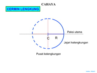 Author : Khairi
CERMIN LENGKUNG
C
Pusat kelengkungan
R
Jejari kelengkungan
Paksi utama
CAHAYA
 
