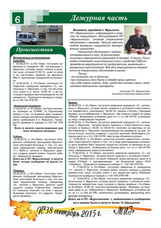 Дежурная часть
Происшествия
6
Внимание, граждане п. Мурыгино,
ПП «Мурыгинский» информирует о том,
что на территории, обслуживаемой ПП
«Мурыгинский», сложная оперативная
обстановка с кражами. Просим уделить
особое внимание сохранности матери-
альных ценностей.
Непростая обстановка с людьми,
потерявшимися в лесу. В результате
поисковых мероприятий разыскано 6 человек, 2 трупа, Поиск
людей отвлекает значительные силы и средства ОВД от
проведения мероприятий по профилактике, выявлению и
раскрытию преступлений. Всё это отрицательно отража-
ется на оперативной обстановке в целом.
Прошу:
- не посещать лес в одиночку;
-при посещении леса быть в одежде ярких цветов;
-при себе иметь компас, воду, средства сотовой связи, необ-
ходимые медицинские препараты.
Начальник ПП «Мурыгинский»
Кузьминых Александр Ардальонович.
Безвестные исчезновения
граждан.
1. 04.08.2015г. в 09ч.10мин. поступило за-
явление от гражданки «М», жительницы п.
Мурыгино, которая просит помочь в розы-
ске сына, который 01.08.15г. ушёл из дома
и до настоящего времени не вернулся.
Место нахождение гражданина установле-
но.
2. 18.08.2015г. в 15ч.20мин. поступило те-
лефонное сообщение гражданки «Ч», жи-
тельницы п. Мурыгино, о том, что её сожи-
тель уехал в д. Затон 16.08.15г. и до на-
стоящего времени местонахождение его ей
неизвестно. Проводится проверка в поряд-
ке ст.144-145 УПК РФ.
Незаконная миграция.
17.08.2015г. в 18ч.30мин. поступил матери-
ал проверки из ОУФМС по Юрьянскому
району о том, что выявлен факт непрожи-
вания граждан республики Азербайджан по
месту пребывания в п. Мурыгино. Прово-
дится проверка в порядке ст.144-145 УПК
РФ.
Всего в августе зарегистрировано два
таких материала проверки.
Собаки.
18.08.2015г. в 19ч.40мин. поступило теле-
фонное сообщение фельдшера Мурыгин-
ской участковой больницы о том, что ока-
зана медицинская помощь малолетнему
«Г», 2004г.р., жителю п. Мурыгино. Диаг-
ноз: ссадина правой голени. Укусила соба-
ка. Проводится проверка.
Всего же в ПП «Мурыгинский» в августе
было четыре сообщения об укусах со-
бак.
Травмы.
22.08.2015г. в 20ч.25мин. поступило теле-
фонное сообщение фельдшера Мурыгин-
ской участковой больницы о том, что ока-
зана медицинская помощь гражданину
«Б», жителю п. Мурыгино. Диагноз: ушиб
грудного отдела позвоночника, перелом
6,7 позвонка. Пояснил, что упал с крыши.
Знакомая пояснила, что ударили. Прово-
дится проверка.
Кражи.
06.08.2015г. в 14ч.30мин. поступило заявление гражданки «О», житель-
ницы п. Мурыгино, которая просит привлечь к уголовной ответственно-
сти неизвестного, похитившего 06.08.15г. джинсы и блузку с бельевой
верёвки на ул.Набережной п. Мурыгино, чем нанесло ущерб на сумму
1600руб . Возбуждено уголовное дело по ч.1 ст.158 УК РФ, установле-
но лицо, совершившее хищение.
08.08.2015г. в 18ч.25мин. поступило заявление гражданки «С», житель-
ницы п. Мурыгино, которая просит привлечь к ответственности лицо,
которое в период с 06.08. по 08.08.15г. похитило из квартиры по ул.
Фестивальной п. Мурыгино принадлежащие ей документы на дом, зо-
лотое кольцо, золотую подвеску с золотой цепочкой. Возбуждено уго-
ловное дело по ч.3 ст.158 УК РФ, преступник объявлен в розыск.
3. 13.08.2015г. в 10ч.50мин. рапортом доложил заместитель началь-
ника следственного отдела о том, что в ходе расследования уголовно-
го дела выявлен факт хищения продуктов питания из магазина на ул.
Труда п. Мурыгино. Возбуждено уголовное дело по ч.2 ст.158 УК РФ,
лицо, совершившее кражу установлено.
4. 15.08.2015г. в 17ч.45мин. поступило заявление гражданки «У», жи-
тельницы п. Мурыгино, которая просит привлечь к уголовной ответст-
венности неизвестного, который совершил кражу денежных средств в
сумме 5740руб. с принадлежащей ей банковской карты ООО
«Сбербанк». Проводится проверка в порядке ст. 144-145 УПК РФ.
5. 17.08.2015г. в 12ч.05мин. поступило заявление от гражданина
«Ч», жителя п. Мурыгино, который просит оказать помощь в розыске
неизвестного лица, которое сняло с его кредитной карты 35000руб.
Проводится проверка в порядке ст.144-145 УПК РФ.
6. 18.08.2015г. в 09ч.30мин. поступило заявление гражданки «П»,
жительницы п. Мурыгино, которая просит привлечь к уголовной ответ-
ственности неизвестное лицо, которое в период времени с 6ч.40мин.
до 8ч.00мин. 18.08.15г. похитило велосипед марки «Форвард» из подъ-
езда дома по ул. Набережной п. Мурыгино. Возбуждено уголовное де-
ло по ч.1 ст.158 УК РФ, похититель установлен, велосипед воз-
вращён владельцу.
Всего же в ПП «Мурыгинский» с заявлениями и сообщения-
ми о кражах было в августе более 15 обращений.
 