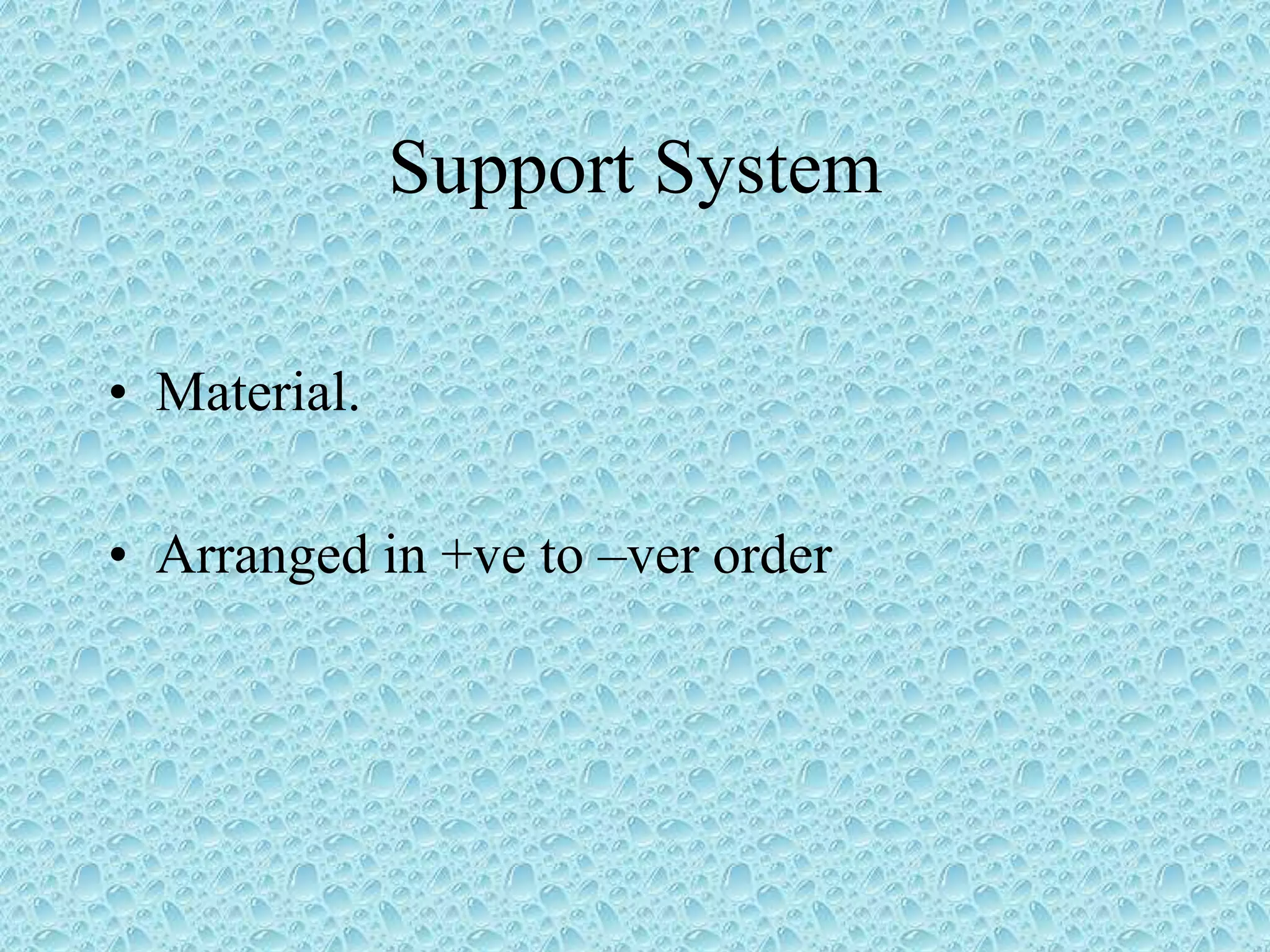 Support System
• Material.
• Arranged in +ve to –ver order
 