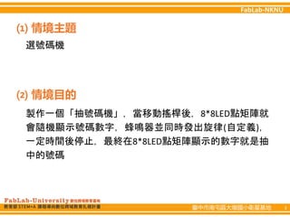 臺中市南屯區大墩國小衛星基地 3
⑴ 情境主題
⑵ 情境目的
選號碼機
製作一個「抽號碼機」，當移動搖桿後，8*8LED點矩陣就
會隨機顯示號碼數字，蜂鳴器並同時發出旋律(自定義)，
一定時間後停止，最終在8*8LED點矩陣顯示的數字就是抽
中的號碼
 