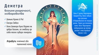 богиня родючості,
хліборобства
✓
✓
✓
Атрибути
 