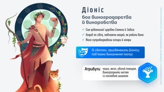 бог виноградарства
й виноробства
✓
✓
✓
Зі святами, присвяченими Діонісу,
пов’язано виникнення театру
Атрибути
 