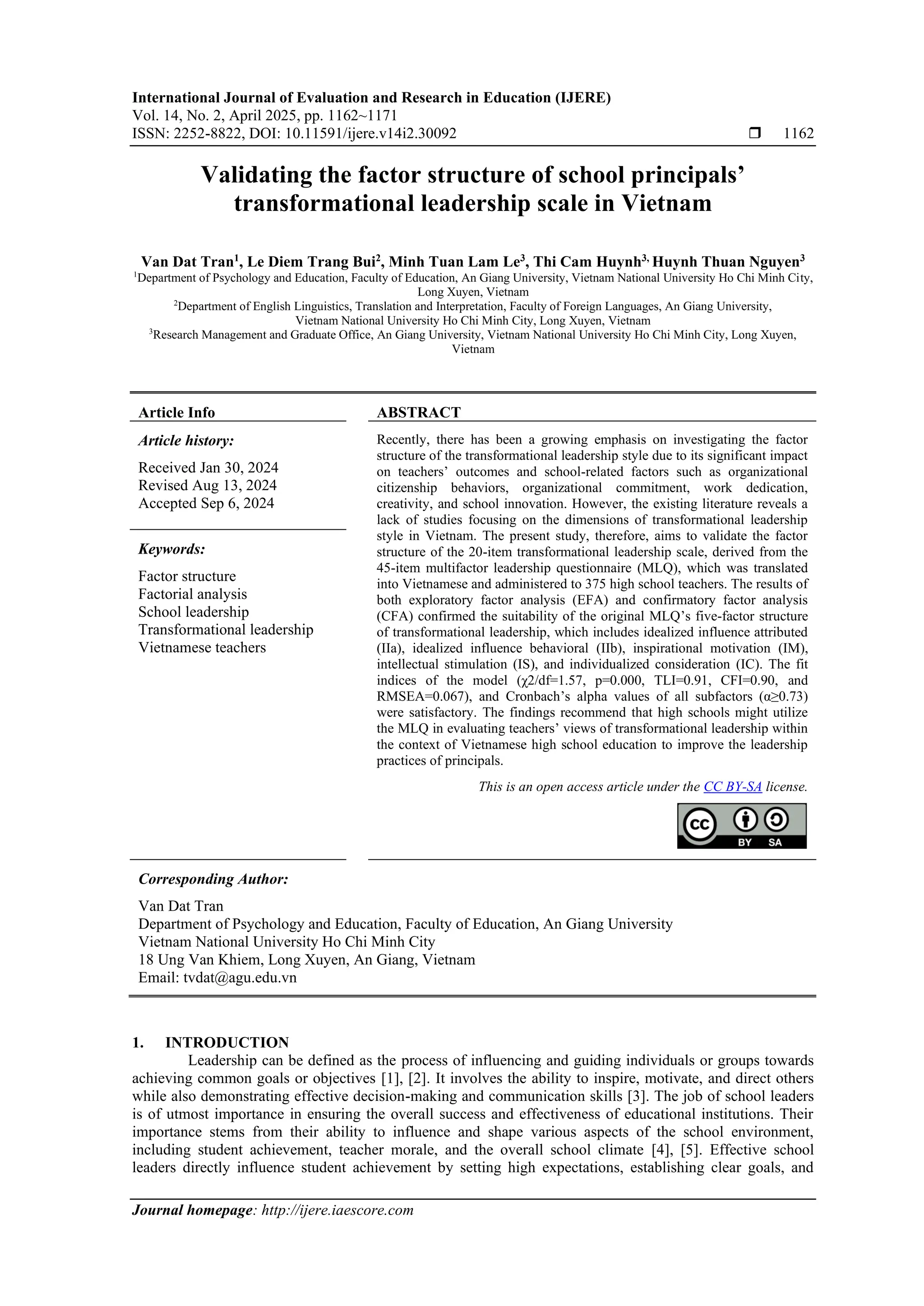 Validating the factor structure of school principals’ transformational ...
