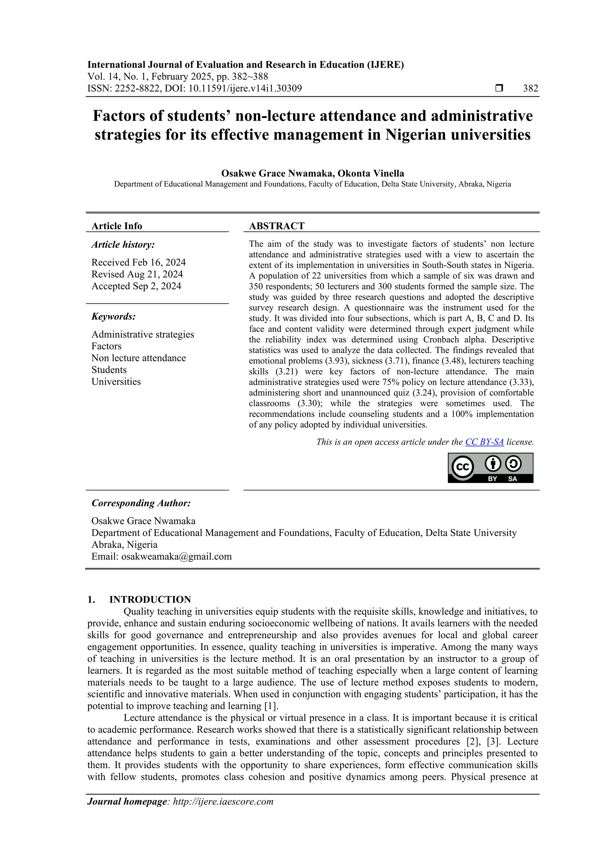 Factors of students’ non-lecture attendance and administrative ...
