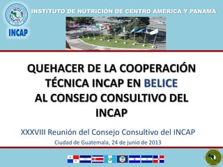 SEGURIDAD ALIMENTARIA NUTRICIONAL
INSTITUTO DE NUTRICIÓN DE CENTRO AMERICA Y PANAMÁ
QUEHACER DE LA COOPERACIÓN
TÉCNICA INCAP EN BELICE
AL CONSEJO CONSULTIVO DEL
INCAP
XXXVIII Reunión del Consejo Consultivo del INCAP
Ciudad de Guatemala, 24 de junio de 2013
 