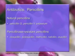 Antibiotics: Penicillins

  Natural penicillins
  • penicillin G, penicillin V potassium


  Penicillinase-resistant penicillins
  • cloxacillin, dicloxacillin, methicillin, nafcillin, oxacillin




Copyright © 2002, 1998, Elsevier Science (USA). All rights reserved.
 