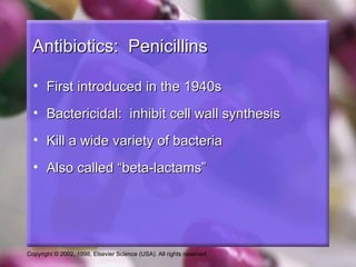 Antibiotics: Penicillins

  • First introduced in the 1940s
  • Bactericidal: inhibit cell wall synthesis
  • Kill a wide variety of bacteria
  • Also called “beta-lactams”




Copyright © 2002, 1998, Elsevier Science (USA). All rights reserved.
 