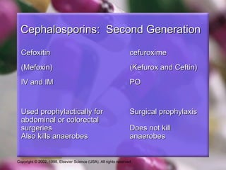 Cephalosporins: Second Generation
  Cefoxitin                                                       cefuroxime
  (Mefoxin)                                                       (Kefurox and Ceftin)
  IV and IM                                                       PO


  Used prophylactically for                                       Surgical prophylaxis
  abdominal or colorectal
  surgeries                                                       Does not kill
  Also kills anaerobes                                            anaerobes


Copyright © 2002, 1998, Elsevier Science (USA). All rights reserved.
 