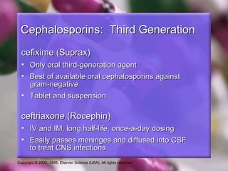 Cephalosporins: Third Generation
  cefixime (Suprax)
  • Only oral third-generation agent
  • Best of available oral cephalosporins against
    gram-negative
  • Tablet and suspension

  ceftriaxone (Rocephin)
  • IV and IM, long half-life, once-a-day dosing
  • Easily passes meninges and diffused into CSF
    to treat CNS infections
Copyright © 2002, 1998, Elsevier Science (USA). All rights reserved.
 