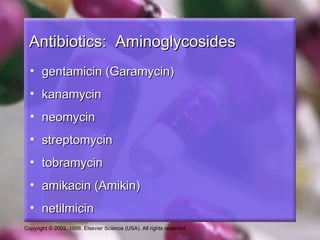 Antibiotics: Aminoglycosides
  • gentamicin (Garamycin)
  • kanamycin
  • neomycin
  • streptomycin
  • tobramycin
  • amikacin (Amikin)
  • netilmicin
Copyright © 2002, 1998, Elsevier Science (USA). All rights reserved.
 