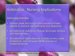 Antibiotics: Nursing Implications

  Aminoglycosides
  • Monitor peak and trough blood levels of these
    agents to prevent nephrotoxicity and ototoxicity.
  • Symptoms of ototoxicity include dizziness, tinnitus,
    and hearing loss.
  • Symptoms of nephrotoxicity include urinary casts,
    proteinuria, and increased BUN and serum
    creatinine levels.


Copyright © 2002, 1998, Elsevier Science (USA). All rights reserved.
 