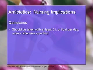 Antibiotics: Nursing Implications

  Quinolones
  • Should be taken with at least 3 L of fluid per day,
    unless otherwise specified




Copyright © 2002, 1998, Elsevier Science (USA). All rights reserved.
 