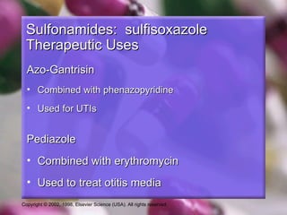 Sulfonamides: sulfisoxazole
  Therapeutic Uses
  Azo-Gantrisin
  • Combined with phenazopyridine
  • Used for UTIs


  Pediazole
  • Combined with erythromycin
  • Used to treat otitis media
Copyright © 2002, 1998, Elsevier Science (USA). All rights reserved.
 