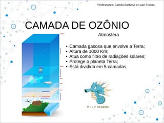 CAMADA DE OZÔNIO
Professores: Camila Barbosa e Luan Freitas
Atmosfera
● Camada gasosa que envolve a Terra;
● Altura de 1000 Km;
● Atua como filtro de radiações solares;
● Protege o planeta Terra;
● Está dividida em 5 camadas.