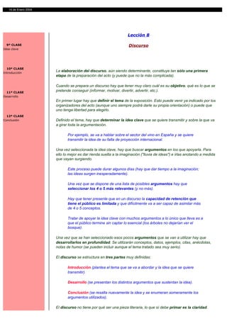 14 de Enero 2004




                                                                 Lección 8

  9ª CLASE                                                        Discurso
Idea clave




  10ª CLASE
Introducción
                      La elaboración del discurso, aún siendo determinante, constituye tan sólo una primera
                      etapa de la preparación del acto (y puede que no la más complicada).

                      Cuando se prepara un discurso hay que tener muy claro cuál es su objetivo, qué es lo que se
  11ª CLASE
                      pretende conseguir (informar, motivar, divertir, advertir, etc.).
Desarrollo
                      En primer lugar hay que definir el tema de la exposición. Esto puede venir ya indicado por los
                      organizadores del acto (aunque uno siempre podrá darle su propia orientación) o puede que
                      uno tenga libertad para elegirlo.
  12ª CLASE
Conclusión            Definido el tema, hay que determinar la idea clave que se quiere transmitir y sobre la que va
                      a girar toda la argumentación.

                             Por ejemplo, se va a hablar sobre el sector del vino en España y se quiere
                             transmitir la idea de su falta de proyección internacional.

                      Una vez seleccionada la idea clave, hay que buscar argumentos en los que apoyarla. Para
                      ello lo mejor es dar rienda suelta a la imaginación ("lluvia de ideas") e irlas anotando a medida
                      que vayan surgiendo.

                             Este proceso puede durar algunos días (hay que dar tiempo a la imaginación;
                             las ideas surgen inesperadamente).

                             Una vez que se dispone de una lista de posibles argumentos hay que
                             seleccionar los 4 o 5 más relevantes (y no más).

                             Hay que tener presente que en un discurso la capacidad de retención que
                             tiene el público es limitada y que difícilmente va a ser capaz de asimilar más
                             de 4 o 5 conceptos.

                             Tratar de apoyar la idea clave con muchos argumentos a lo único que lleva es a
                             que el público termine sin captar lo esencial (los árboles no dejarían ver el
                             bosque).

                      Una vez que se han seleccionado esos pocos argumentos que se van a utilizar hay que
                      desarrollarlos en profundidad. Se utilizarán conceptos, datos, ejemplos, citas, anécdotas,
                      notas de humor (se pueden incluir aunque el tema tratado sea muy serio).

                      El discurso se estructura en tres partes muy definidas:

                             Introducción (plantea el tema que se va a abordar y la idea que se quiere
                             transmitir).

                             Desarrollo (se presentan los distintos argumentos que sustentan la idea).

                             Conclusión (se resalta nuevamente la idea y se enumeran someramente los
                             argumentos utilizados).

                      El discurso no tiene por qué ser una pieza literaria, lo que sí debe primar es la claridad.
 