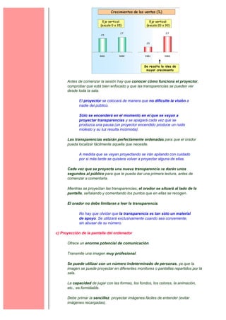 Antes de comenzar la sesión hay que conocer cómo funciona el proyector,
      comprobar que está bien enfocado y que las transparencias se pueden ver
      desde toda la sala.

            El proyector se colocará de manera que no dificulte la visión a
            nadie del público.

            Sólo se encenderá en el momento en el que se vayan a
            proyectar transparencias y se apagará cada vez que se
            produzca una pausa (un proyector encendido produce un ruido
            molesto y su luz resulta incómoda).

      Las transparencias estarán perfectamente ordenadas para que el orador
      pueda localizar fácilmente aquella que necesite.

            A medida que se vayan proyectando se irán apilando con cuidado
            por si más tarde se quisiera volver a proyectar alguna de ellas.

      Cada vez que se proyecta una nueva transparencia se darán unos
      segundos al público para que le pueda dar una primera lectura, antes de
      comenzar a comentarla.

      Mientras se proyectan las transparencias, el orador se situará al lado de la
      pantalla, señalando y comentando los puntos que en ellas se recogen.

      El orador no debe limitarse a leer la transparencia.

            No hay que olvidar que la transparencia es tan sólo un material
            de apoyo. Se utilizará exclusivamente cuando sea conveniente,
            sin abusar de su número.

c) Proyección de la pantalla del ordenador

      Ofrece un enorme potencial de comunicación.

      Transmite una imagen muy profesional.

      Se puede utilizar con un número indeterminado de personas, ya que la
      imagen se puede proyectar en diferentes monitores o pantallas repartidos por la
      sala.

      La capacidad de jugar con las formas, los fondos, los colores, la animación,
      etc., es formidable.

      Debe primar la sencillez: proyectar imágenes fáciles de entender (evitar
      imágenes recargadas).
 
