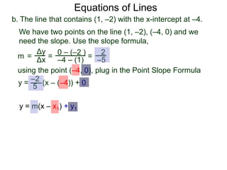 b. The line that contains (1, –2) with the x-intercept at –4.
Δy
Δx
0 – (–2 )
–4 – (1)
2
–5=
y =
We have two points on the line (1, –2), (–4, 0) and we
need the slope. Use the slope formula,
=
using the point (–4, 0), plug in the Point Slope Formula
5
–2
(x – (–4)) + 0
m =
Equations of Lines
y = m(x – x1) + y1
 