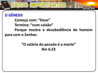FATOS  IMPORTANTESGÊNESISO GÊNESIS	Começa com: “Deus”	Termina: “num caixão”	Porque mostra a desobediência do homem para com o Senhor.“O salário do pecado é a morte”Rm 6:23