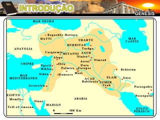 INTRODUÇÃOGÊNESISAUTOR:	MoisésDATA:	1450 – 1410 a.C.TÍTULO:		GregoGevnesi"	–	Gênesis (Origem, princípio)	Hebraicotyivaer.B	–	Bereshit (No princípio)ORIGENS:	Mundo (1:1 – 25)	Homem (1:26 – 2:25)	Pecado (3:1 – 7)	Promessa (3:8 – 24)	Vida familiar (4:1 – 15)	Civilização (4:16 – 9:29)	Nações (Gn 10,11)	Israel (Gn 12 – 50)