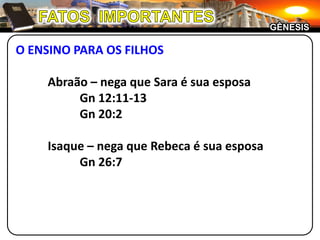 FATOS  IMPORTANTESGÊNESISO ENSINO PARA OS FILHOS	Abraão – nega que Sara é sua esposa		Gn 12:11-13		Gn 20:2	Isaque – nega que Rebeca é sua esposa		Gn 26:7