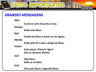 FATOS  IMPORTANTESGÊNESISGRANDES MENSAGENSAbel		Curve-se com ele junto a cruz.Enoque		Ande com Deus.	Noé		Confie em Deus e lance-se nas águas.	Abraão		Ande pela fé e seja o amigo de Deus.	Isaque		Cave poços. Procure ‘água’.		Use os recursos divinos.	Jacó		Veja Deus.		Suba as escadas.	José		Viva com Deus e segundo Deus.