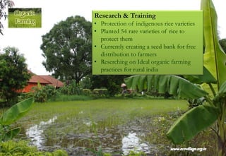 Research & Training
• Protection of indigenous rice varieties
• Planted 54 rare varieties of rice to
protect them
• Currently creating a seed bank for free
distribution to farmers
• Reserching on Ideal organic farming
practices for rural india
 