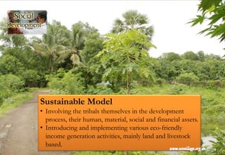 Sustainable Model
• Involving the tribals themselves in the development
process, their human, material, social and financial assets.
• Introducing and implementing various eco-friendly
income generation activities, mainly land and livestock
based.
 