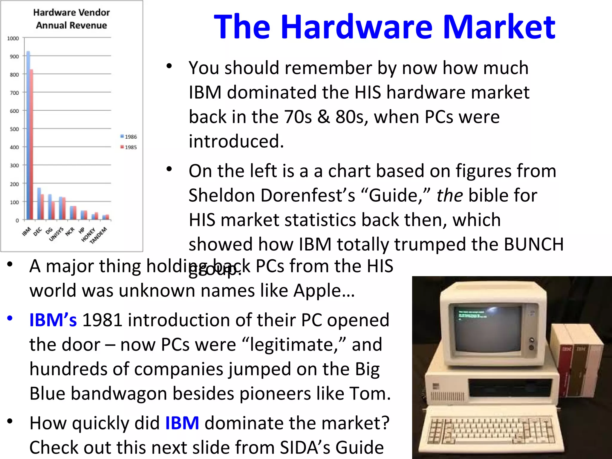 The Hardware Market
• A major thing holding back PCs from the HIS
world was unknown names like Apple…
• IBM’s 1981 introduction of their PC opened
the door – now PCs were “legitimate,” and
hundreds of companies jumped on the Big
Blue bandwagon besides pioneers like Tom.
• How quickly did IBM dominate the market?
Check out this next slide from SIDA’s Guide
• You should remember by now how much
IBM dominated the HIS hardware market
back in the 70s & 80s, when PCs were
introduced.
• On the left is a a chart based on figures from
Sheldon Dorenfest’s “Guide,” the bible for
HIS market statistics back then, which
showed how IBM totally trumped the BUNCH
group.
 