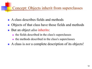12
Concept: Objects inherit from superclasses
 A class describes fields and methods
 Objects of that class have those fields and methods
 But an object also inherits:
 the fields described in the class's superclasses
 the methods described in the class's superclasses
 A class is not a complete description of its objects!
 