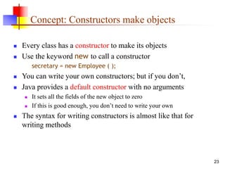 23
Concept: Constructors make objects
 Every class has a constructor to make its objects
 Use the keyword new to call a constructor
secretary = new Employee ( );
 You can write your own constructors; but if you don’t,
 Java provides a default constructor with no arguments
 It sets all the fields of the new object to zero
 If this is good enough, you don’t need to write your own
 The syntax for writing constructors is almost like that for
writing methods
 
