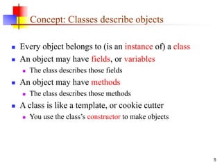 5
Concept: Classes describe objects
 Every object belongs to (is an instance of) a class
 An object may have fields, or variables
 The class describes those fields
 An object may have methods
 The class describes those methods
 A class is like a template, or cookie cutter
 You use the class’s constructor to make objects
 