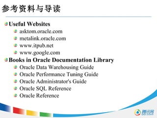 参考资料与导读 Useful Websites asktom.oracle.com metalink.oracle.com www.itpub.net www.google.com Books in Oracle Documentation Library Oracle Data Warehousing Guide Oracle Performance Tuning Guide Oracle Administrator's Guide Oracle SQL Reference Oracle Reference 