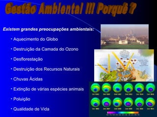 3
Existem grandes preocupações ambientais:
• Aquecimento do Globo
• Destruição da Camada do Ozono
• Desflorestação
• Destruição dos Recursos Naturais
• Chuvas Ácidas
• Extinção de várias espécies animais
• Poluição
• Qualidade de Vida
 