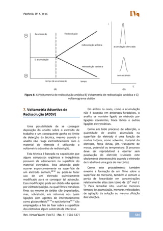 Pacheco, W. F. et al.
Rev. Virtual Quim. |Vol 5| |No. 4| |516-537| 534
Figura 8. A) Voltametria de redissolução anódica B) Voltametria de redissolução catódica e C)
voltamograma obtido
7. Voltametria Adsortiva de
Redissolução (ADSV)
Uma possibilidade de se conseguir
deposição do analito sobre o eletrodo de
trabalho e um consequente ganho no limite
de detecção da técnica, mesmo quando o
analito não reage eletroliticamente com o
material do eletrodo é utilizando a
voltametria adsortiva de redissolução.
Esta técnica é baseada na capacidade que
alguns compostos orgânicos e inorgânicos
possuem de adsorverem na superfície do
material eletródico. Esta adsorção pode
ocorrer espontaneamente na superfície de
um eletrodo comum,48-50
ou pode-se fazer
uso de um eletrodo quimicamente
modificado para se conseguir tal adsorção.
Essa modificação pode ser obtida não apenas
por eletrodeposição, na qual filmes metálicos
finos ou mesmo de óxidos são depositados,
mas, sobretudo, em sistemas nos quais
ligações com agentes de intercruzamento
como glutaraldeído51-54
e epicloridrina55-57
são
empregados a fim de fixar sobre a superfície
dos eletrodos algum substrato de interesse.
Em ambos os casos, como a acumulação
não é baseada em processos faradaicos, o
analito se mantém ligado ao eletrodo por
ligações covalentes, troca iônica e outras
ligações eletrostáticas.
Como em todo processo de adsorção, a
quantidade de analito acumulada na
superfície do eletrodo é uma função de
muitos fatores, como solvente, material do
eletrodo, força iônica, pH, transporte de
massa, potencial ou temperatura. O processo
deve ser reprodutível e ocorrer sem
passivação do eletrodo (cuidado este
obviamente desnecessário quando o eletrodo
de trabalho é uma gota de mercúrio).
Como este procedimento também
envolve a formação de um filme sobre a
superfície do mercúrio, também é comum a
perda de linearidade em concentrações
relativamente altas (em torno de 10-6
mol L-
1
). Para remediar isto, usam-se menores
tempos de acumulação, menores velocidades
de agitação da solução ou mesmo diluição
das soluções.
 