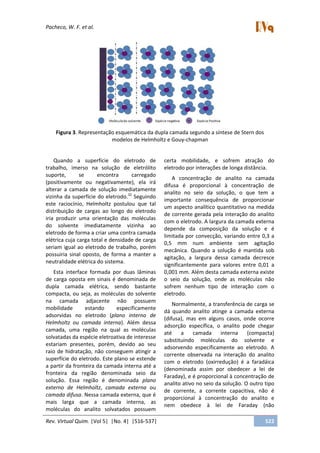 Pacheco, W. F. et al.
Rev. Virtual Quim. |Vol 5| |No. 4| |516-537| 522
Figura 3. Representação esquemática da dupla camada segundo a síntese de Stern dos
modelos de Helmholtz e Gouy-chapman
Quando a superfície do eletrodo de
trabalho, imerso na solução de eletrólito
suporte, se encontra carregado
(positivamente ou negativamente), ela irá
alterar a camada de solução imediatamente
vizinha da superfície do eletrodo.32
Seguindo
este raciocínio, Helmholtz postulou que tal
distribuição de cargas ao longo do eletrodo
iria produzir uma orientação das moléculas
do solvente imediatamente vizinha ao
eletrodo de forma a criar uma contra camada
elétrica cuja carga total e densidade de carga
seriam igual ao eletrodo de trabalho, porém
possuiria sinal oposto, de forma a manter a
neutralidade elétrica do sistema.
Esta interface formada por duas lâminas
de carga oposta em sinais é denominada de
dupla camada elétrica, sendo bastante
compacta, ou seja, as moléculas do solvente
na camada adjacente não possuem
mobilidade estando especificamente
adsorvidas no eletrodo (plano interno de
Helmholtz ou camada interna). Além dessa
camada, uma região na qual as moléculas
solvatadas da espécie eletroativa de interesse
estariam presentes, porém, devido ao seu
raio de hidratação, não conseguem atingir a
superfície do eletrodo. Este plano se estende
a partir da fronteira da camada interna até a
fronteira da região denominada seio da
solução. Essa região é denominada plano
externo de Helmholtz, camada externa ou
camada difusa. Nessa camada externa, que é
mais larga que a camada interna, as
moléculas do analito solvatados possuem
certa mobilidade, e sofrem atração do
eletrodo por interações de longa distância.
A concentração de analito na camada
difusa é proporcional à concentração de
analito no seio da solução, o que tem a
importante consequência de proporcionar
um aspecto analítico quantitativo na medida
de corrente gerada pela interação do analito
com o eletrodo. A largura da camada externa
depende da composição da solução e é
limitada por convecção, variando entre 0,3 a
0,5 mm num ambiente sem agitação
mecânica. Quando a solução é mantida sob
agitação, a largura dessa camada decresce
significantemente para valores entre 0,01 a
0,001 mm. Além desta camada externa existe
o seio da solução, onde as moléculas não
sofrem nenhum tipo de interação com o
eletrodo.
Normalmente, a transferência de carga se
dá quando analito atinge a camada externa
(difusa), mas em alguns casos, onde ocorre
adsorção específica, o analito pode chegar
até a camada interna (compacta)
substituindo moléculas do solvente e
adsorvendo especificamente ao eletrodo. A
corrente observada na interação do analito
com o eletrodo (oxirredução) é a faradáica
(denominada assim por obedecer a lei de
Faraday), e é proporcional à concentração de
analito ativo no seio da solução. O outro tipo
de corrente, a corrente capacitiva, não é
proporcional à concentração do analito e
nem obedece à lei de Faraday (não
 
