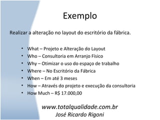 Exemplo
Realizar a alteração no layout do escritório da fábrica.
www.totalqualidade.com.br
José Ricardo Rigoni
• What – Projeto e Alteração do Layout
• Who – Consultoria em Arranjo Físico
• Why – Otimizar o uso do espaço de trabalho
• Where – No Escritório da Fábrica
• When – Em até 3 meses
• How – Através do projeto e execução da consultoria
• How Much – R$ 17.000,00
 