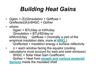 Building Heat Gains
• Qgain = (Σ((Qinsolation + Qdiffuse +
Qreflected)A)nSHGC + Qother
• where:
Qgain = BTU/day or kWh/day
Qinsolation = BTU/ft2/day or
kWh/m2/day Qdiffuse = (normally a part of the
empirical insolation data, more at NREL)
Qreflected = insolation energy x surface reflectivity
• n = each window facing the equator (cooling
calculations must account for east and west windows)
SHGC = Solar Heat Gain Coefficient
Qother = Heat from people and various powered
devices inside the insulated shell
 