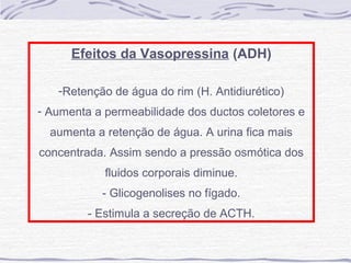 Efeitos da Vasopressina (ADH)

   -Retenção de água do rim (H. Antidiurético)
- Aumenta a permeabilidade dos ductos coletores e
  aumenta a retenção de água. A urina fica mais
concentrada. Assim sendo a pressão osmótica dos
            fluidos corporais diminue.
           - Glicogenolises no fígado.
         - Estimula a secreção de ACTH.
 