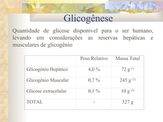 Glicogênese Quantidade de glicose disponível para o ser humano, levando em considerações as reservas hepáticas e musculares de glicogênio     Peso Relativo Massa Total Glicogênio Hepático  4,0 % 72 g  (1) Glicogênio Muscular  0,7 % 245 g  (2) Glicose extracelular  0,1 % 10 g  (3) TOTAL  - 327 g 