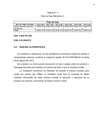 TABLA Nº 11
Flujo de Caja Alternativa A
Flujo de Caja
Ítem de costos sociales Año 0 ($) Año 1 ($) Año 2 ($) Año 3 ($) Año 4 ($) Año 5 ($)
Costos Sociales alternativa
de arriendo
49.827.912 49.827.912 49.827.912 49.827.912 49.827.912 49.827.912
Total 49.827.912 49.827.912 49.827.912 49.827.912 49.827.912 49.827.912
VAC: $ 259.721.204
CAE: $ 61.656.879
5.4.- ANÁLISIS ALTERNATIVA B.
Se considera la adquisición de una ambulancia de transporte simple de acuerdo a
características técnicas similares a cotización adjunta Nº 2013-00678B-AS de fecha
05 de agosto del 2013.
Se considera un móvil provisto de tracción en las 4 ruedas (4x4) con potencia y
despegue del suelo para transitar en caminos de tierra y ripio en sectores rurales.
La evaluación económica se efectuará de acuerdo a Precios Sociales para
contar con valores que reflejen el verdadero costo para la sociedad de utilizar
unidades adicionales de estos factores durante la ejecución y operación de un
proyecto de inversión. El horizonte de tiempo será de 5 años.
31
 
