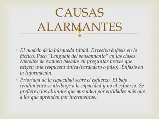 CAUSAS
          ALARMANTES
               
• EI modelo de la búsqueda trivial. Excesivo énfasis en lo
  fáctico. Poco “Lenguaje del pensamiento" en las clases.
  Métodos de examen basados en preguntas breves que
  exigen una respuesta única (verdadero o falso). Énfasis en
  la Información.
• Prioridad de la capacidad sobre el esfuerzo. EI bajo
  rendimiento se atribuye a la capacidad y no al esfuerzo. Se
  prefiere a los alumnos que aprenden por entidades más que
  a los que aprenden por incrementos.
 