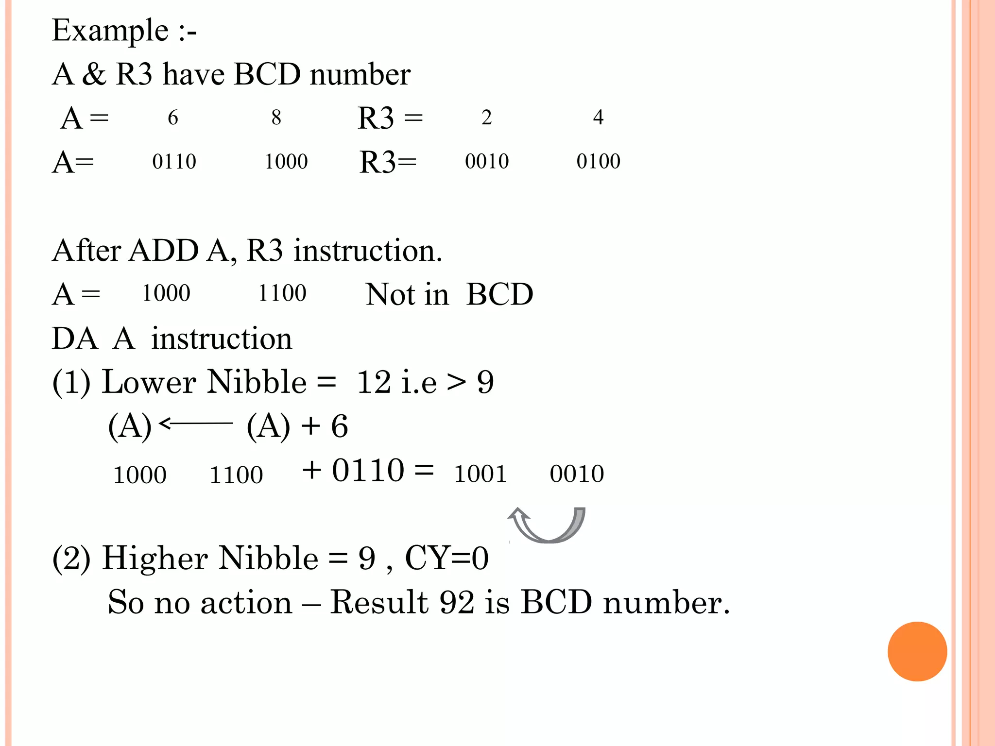Example :A & R3 have BCD number
6
8
A=
R3 =
0110
1000
A=
R3=

2

4

0010

0100

After ADD A, R3 instruction.
1100
A = 1000
Not in BCD
DA A instruction
(1) Lower Nibble = 12 i.e > 9
(A)
(A) + 6
+ 0110 = 1001
1000
1100

0010

(2) Higher Nibble = 9 , CY=0
So no action – Result 92 is BCD number.

 