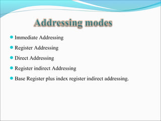 Immediate Addressing
Register Addressing
Direct Addressing
Register indirect Addressing
Base Register plus index register indirect addressing.

 