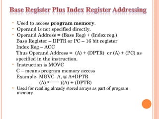 







Used to access program memory.
Operand is not specified directly.
Operand Address = (Base Reg) + (Index reg.)
Base Register – DPTR or PC – 16 bit register
Index Reg – ACC
Thus Operand Address = (A) + (DPTR) or (A) + (PC) as
specified in the instruction.
Instruction is MOVC
C – means program memory access
Example- MOVC A, @ A+DPTR
(A)
((A) + (DPTR)
Used for reading already stored arrays as part of program
memory

 
