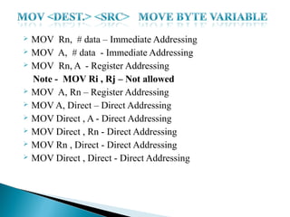 MOV Rn, # data – Immediate Addressing
 MOV A, # data - Immediate Addressing
 MOV Rn, A - Register Addressing
Note - MOV Ri , Rj – Not allowed
 MOV A, Rn – Register Addressing
 MOV A, Direct – Direct Addressing
 MOV Direct , A - Direct Addressing
 MOV Direct , Rn - Direct Addressing
 MOV Rn , Direct - Direct Addressing
 MOV Direct , Direct - Direct Addressing


 