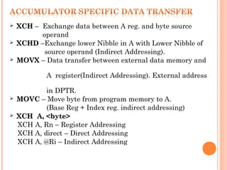 





XCH – Exchange data between A reg. and byte source
operand
XCHD –Exchange lower Nibble in A with Lower Nibble of
source operand (Indirect Addressing).
MOVX – Data transfer between external data memory and
A register(Indirect Addressing). External address





in DPTR.
MOVC – Move byte from program memory to A.
(Base Reg + Index reg. indirect addressing)
XCH A, <byte>
XCH A, Rn – Register Addressing
XCH A, direct – Direct Addressing
XCH A, @Ri – Indirect Addressing

 