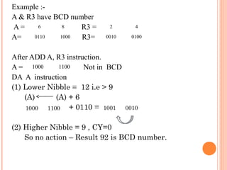Example :A & R3 have BCD number
6
8
A=
R3 =
0110
1000
A=
R3=

2

4

0010

0100

After ADD A, R3 instruction.
1100
A = 1000
Not in BCD
DA A instruction
(1) Lower Nibble = 12 i.e > 9
(A)
(A) + 6
+ 0110 = 1001
1000
1100

0010

(2) Higher Nibble = 9 , CY=0
So no action – Result 92 is BCD number.

 
