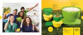 Com as Tigelas Murano, sirva deliciosos petiscos, aposte na
alegria e celebre cada conquista. A diversão será garantida.
Curtindo entre amigos Tigela Murano
1 | 803340 | Amarela
2 | 803339 | Verde
200ml cada
10,5 comp. X 9,8 larg. X 7 alt. (cm)
R$
22,00 cada
82684 | Tigela Murano
2,5 Litros
22,8 comp. X 21,8 larg. X 12,8 alt. (cm)
Preço sugerido: R$59,00
Por: R$
41,00
Lançamentos Leve
Tigela Murano Verde 200ml+ Tigela
Murano Amarela 200ml
Por: R$
31,00 o conjunto
Cód. do conjunto | 803346
1
2
24%de desconto nas
páginas 46 e 47
até
Torcida Eco Tupper
até
de desconto na
página 47
30%
46 4746 47
 