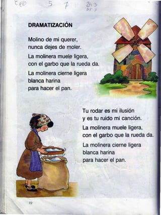 t,
>t
DRAMATIZACION
Molino de mi querer,
nunca dejes de moler.
La molinera mue(e ligera,
con el garbo que la rueda
La molinera cierne ligera
blanca harina
para hacer el pan.
da.
Tu rodar es mi
y es tu ruido m
lusión
cancton.
La molinera muele ligera,
con el garbo que la rueda da.
La molinera cierne ligera
blanca harina
para hacer el pan.
¡¡.
 